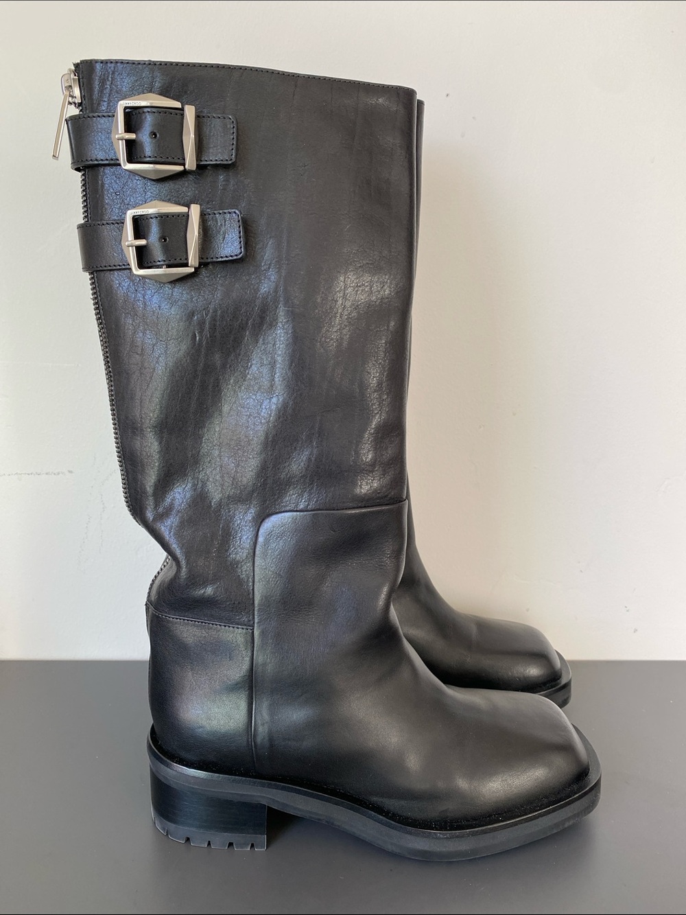 NEW Jimmy Choo Brooklyn 50 Boot Black Sz 38 Shiny Leather Moto Designer Luxury
